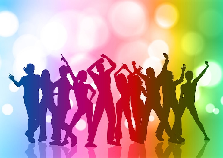 Vector menigte van mensen dansen op regenboog bokeh lichten achtergrond