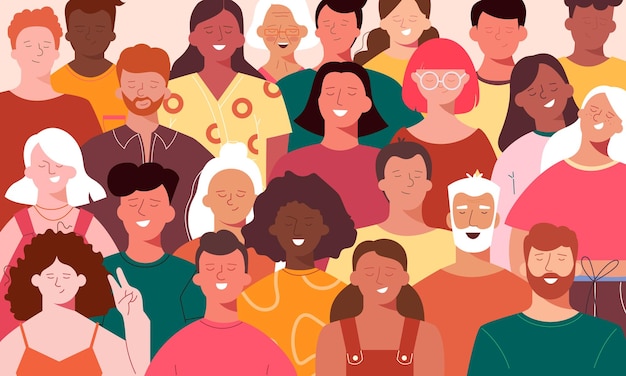 menigte van verschillende mensen van verschillende kleuren, hoogtes en leeftijden