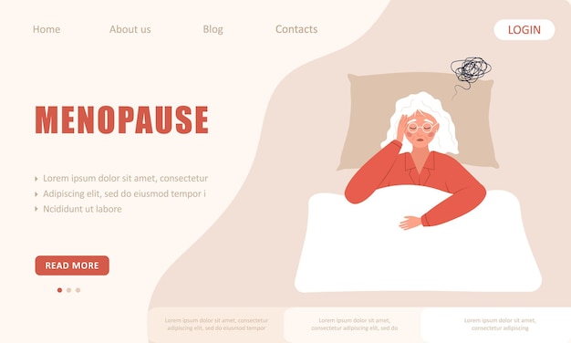 Вектор Образец страницы о менопаузе уставшая пожилая женщина страдает от головной боли