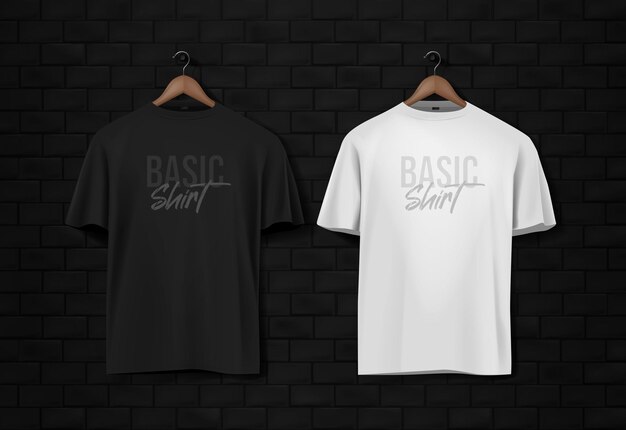 Vector mens black and white short sleeve tshirt mockup in black wall surface with dark bricks