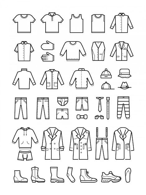 Mens clothing, male fashion line vector icons set