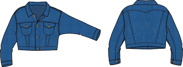 Mens Denim Jacket voor- en achterkant platte schets technische tekening vector illustratie sjabloon