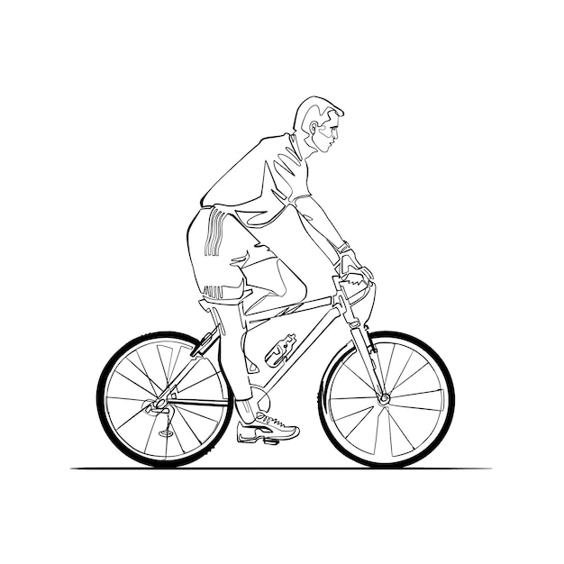 Mens die een fiets berijdt, ononderbroken lijn vectorportret van fietser