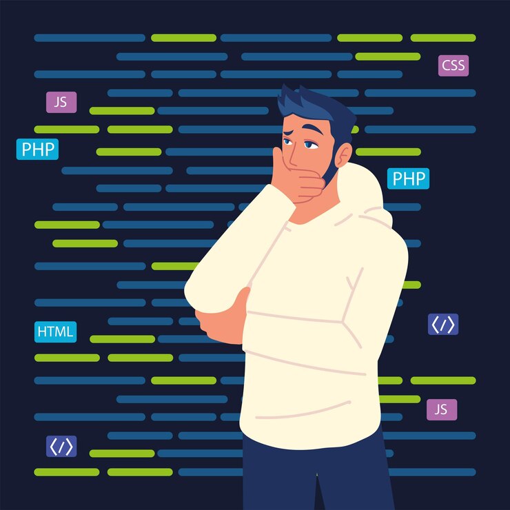 Vector mens die in webprogrammacodes denkt