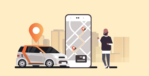 mens die mobiele app gebruiken die tot automobiel voertuig met het autodelen van de plaatsmarkering het autoconcept van de autodelen van het de autodienst moderne stadsachtergrond horizontaal bestellen
