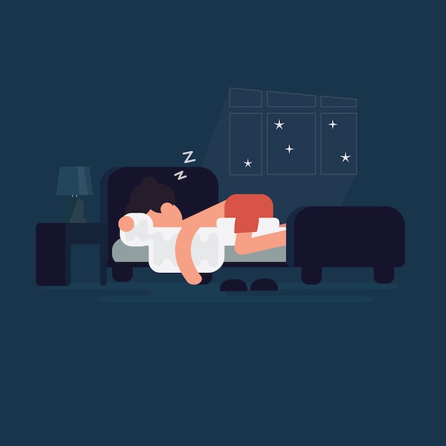 Mens die zoet in zijn bed in hem slaapkamer slapen. Nacht