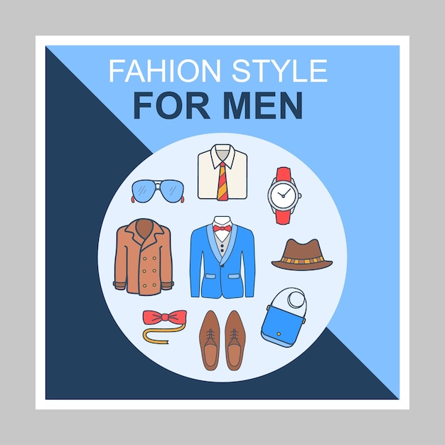 남성 패션 스타일의 소셜 미디어는 모형을 게시합니다. 옷가게. 광고 웹 배너 디자인 템플릿입니다. 소셜 미디어 부스터, 콘텐츠 레이아웃. 고립 된 판촉 테두리, 헤드 라인, 선형 아이콘 프레임