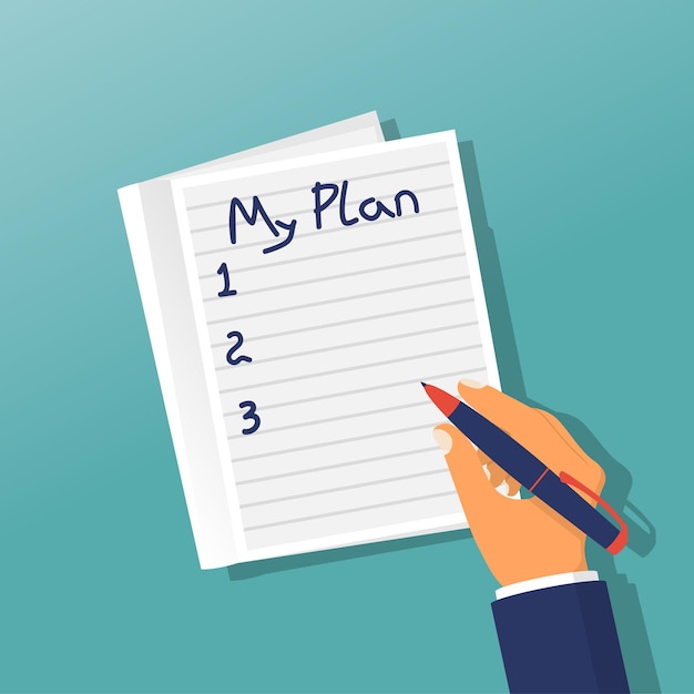 Mens in een notebook schrijft een plan Persoonlijke planning Motivatie doelen in het leven Vector illustratie plat ontwerp geïsoleerd op de achtergrond Lege notebook met een lijst Accounts verslag