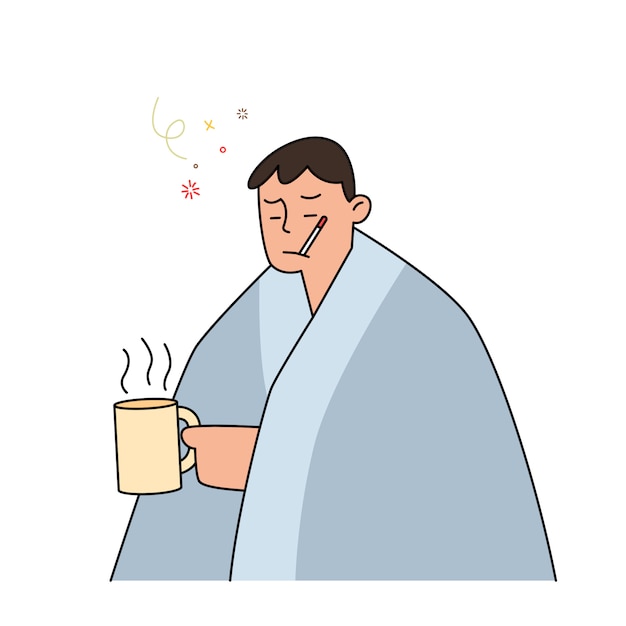 Vector mens met griep en koude onder de deken die een hete thee houden en een thermometer in haar mond houden, hand getrokken stijlillustratie.