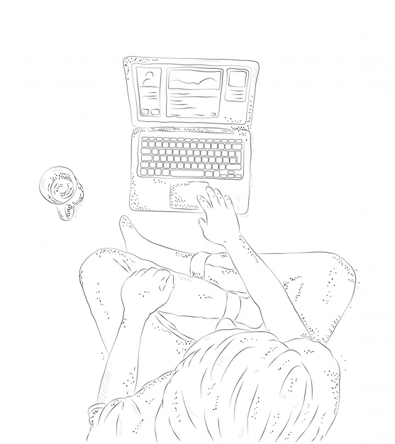 Mens met laptop thuis, zittend op de vloer. hand getekende contour illustratie, jonge man bovenaanzicht op wit