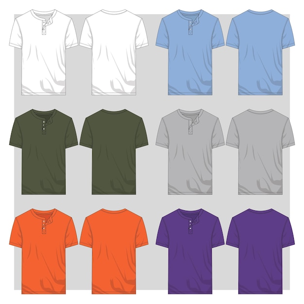 Mens multi color henley t shirt flat sketch