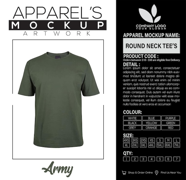 Mens Round Neck Tee Army Apparel Mockup Artwork