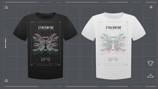 Vettore t-shirt maschile con mockup di stampa futuristica vista frontale modello vettoriale stampa cyber hud design