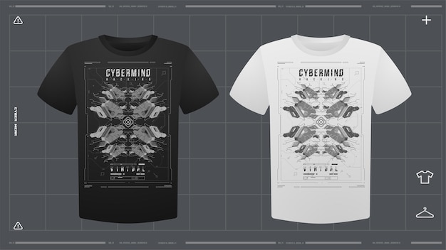 Vettore t-shirt da uomo con stampa futuristica mockup vista frontale modello vettoriale stampa cyber hud design