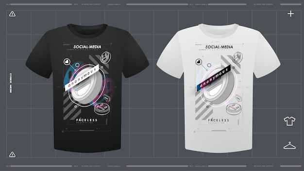 Vector mens tshirt with futuristic print mockup front view vector template cyber hud design print