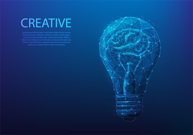 Menselijk brein gloeilamp laag poly draadframe creatief idee innovatie leren opstarten lamp.