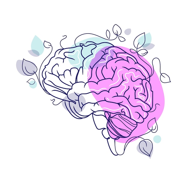 Menselijk brein in abstracte kunst minimalistische stijl vectorillustratie Lijn kunst hersenen met bladeren