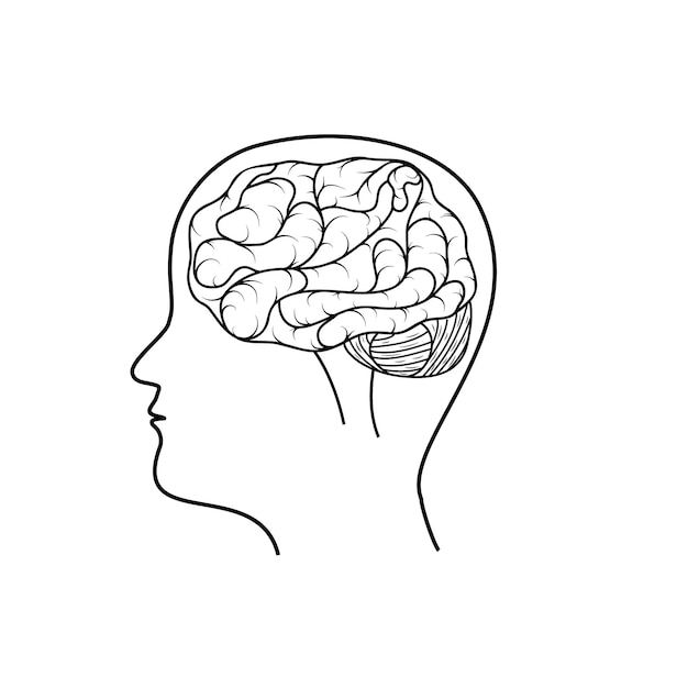 Menselijk brein zwarte omtrek geïsoleerde vector illustratie in doodle stijl