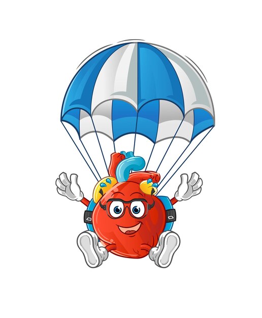 Menselijk hart parachutespringen karakter. cartoon mascotte vector