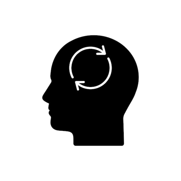 Menselijk hoofd met vernieuwingsbord in glyph-pictogram Kunstmatige intelligentie Silhouetsymbool Synchronisatieproces Negatieve ruimte Vector geïsoleerde illustratie
