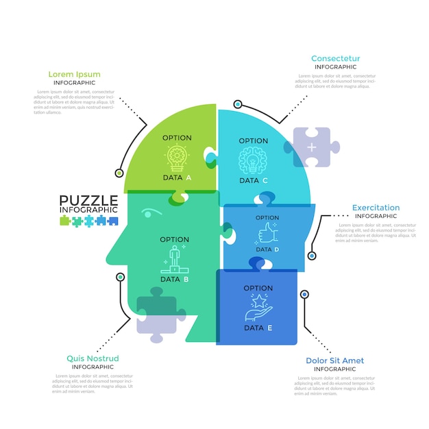 Menselijk hoofd of profiel verdeeld in 5 kleurrijke doorschijnende puzzelstukjes. concept van vijf kenmerken van zakelijk denken. moderne infographic ontwerpsjabloon. creatieve vectorillustratie.