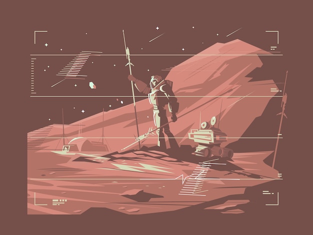 Vector menselijk leven op het oppervlak van de planeet mars. martian life. illustratie