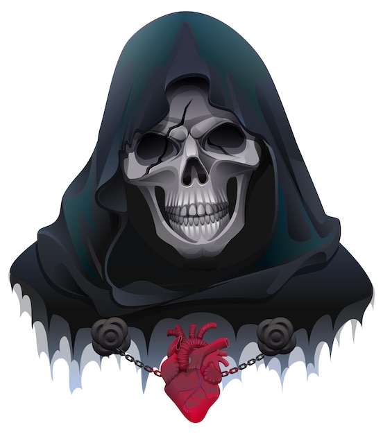 Menselijk schedelhoofd in zwarte mantel en rood hart symbool van dood en leven Vectorprint