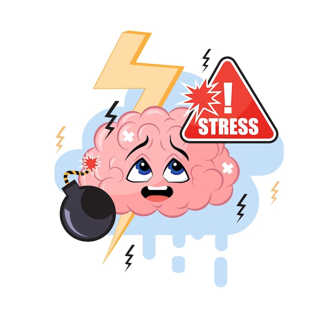 Menselijk stressresponssysteem. cartoon vector illustratie hersenen karakter met bliksemschichten, explosieve bom en gefrustreerde gezichtsemotie.