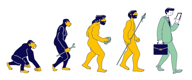 Menselijke evolutie van aap tot moderne zakenman met smartphone geïsoleerd. mannelijk karakter evolueert stappen van aap tot rechtopstaande homo sapiens, darwin-theorie. cartoon platte vectorillustratie, zeer fijne tekeningen