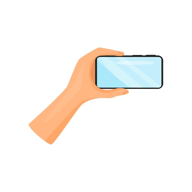 Menselijke hand die een mobiele telefoon horizontaal vasthoudt Zwarte smartphone met blauw scherm Elektronisch apparaat Moderne gadget Cartoon vectorillustratie Kleurig icoon in platte stijl geïsoleerd op witte achtergrond