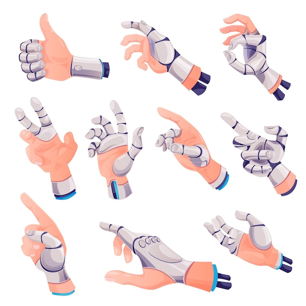 Vector menselijke hand gebaren set met robotachtige tijgers prothese