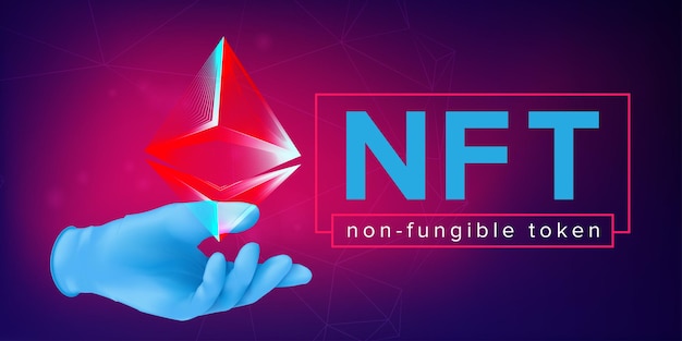 Menselijke hand in een rubberen handschoen met een abstract piramide draadframe. nft niet-fungibel token horizontaal bannerontwerpconcept. vectorillustratie van blockchain-technologie in digitale crypto-kunst