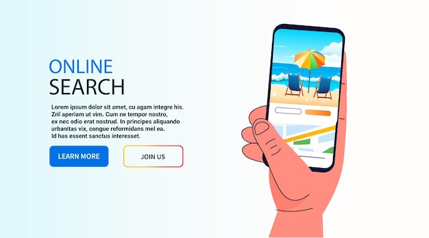 Menselijke hand met behulp van smartphone online zoeken zomervakantie tijd om concept horizontaal te reizen