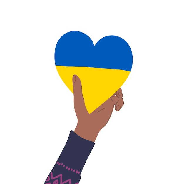Menselijke hand met hartvormige Oekraïense vlag steun Oekraïne stop oorlog concept vector illustratie