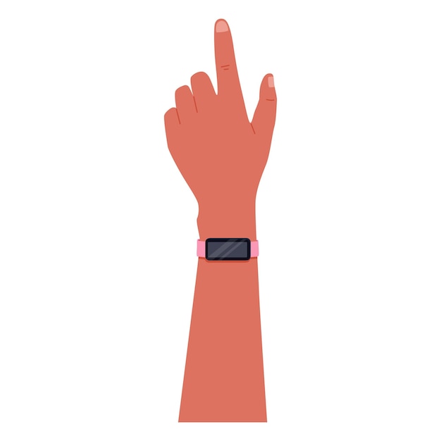 Menselijke hand met slimme horloge of fitness armband wijzende vinger Vector geïsoleerde platte illustratie van een arm met een gadget