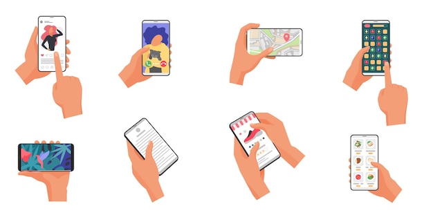 Menselijke handen houden mobiele telefoon met online inhoud op het scherm set sociale media kaart apps
