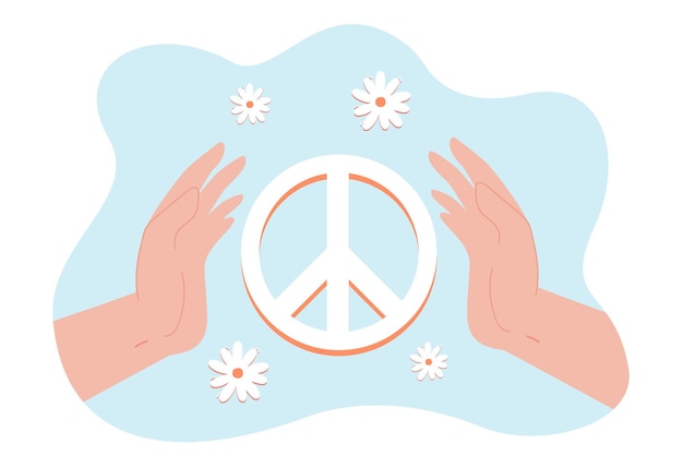 Menselijke handen met cirkel vredessymbool van hippie. stop oorlog teken van de jaren zeventig en zestig onder bloemen platte vectorillustratie. liefde, hippieconcept voor banner, websiteontwerp of bestemmingswebpagina