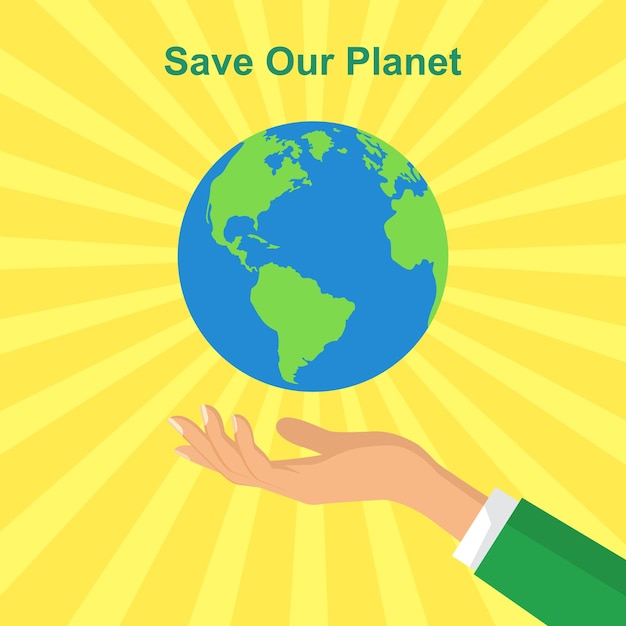 Menselijke handen met zwevende globeSave the planet consept Flat