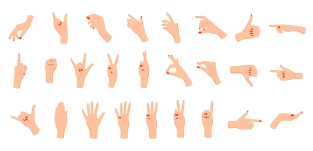 Vector menselijke handgebaren platte set met geïsoleerde iconen van vrouwelijke hand met vingernagels bedekt met email vectorillustratie