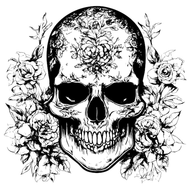 Menselijke schedel in bloemen schets hand getrokken gegraveerde stijl vectorillustratie