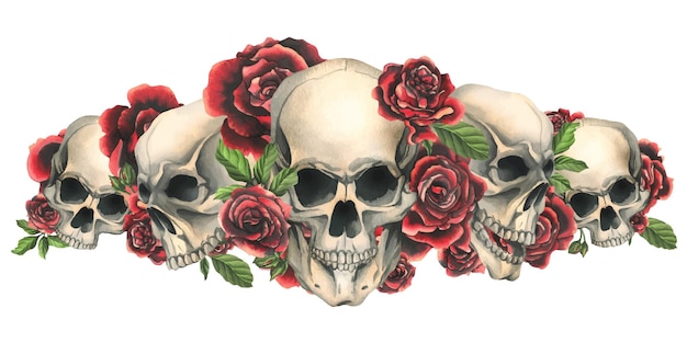 Menselijke schedels met rode rozen en bladeren hand getekende aquarel illustratie geïsoleerde samenstelling op een