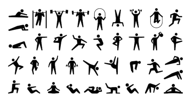 Menselijke sportpictogrammen lichamelijke training fitness- en gymnastiekoefeningen yoga of aerobicstraining geïsoleerde symbolen met stokmens minimale atletische persoon lichaamssilhouetten vectorborden instellen