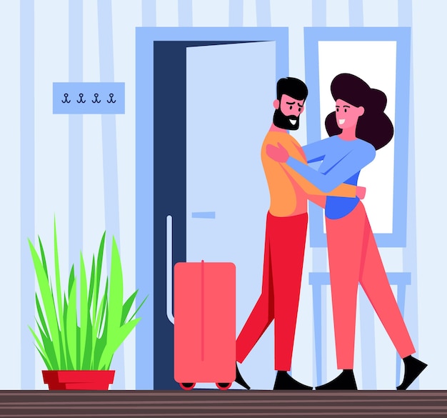 Mensen achterlaten Doorgang gaan mensen personages ontmoeten en knuffelen scènes groet opzichtige vector gekleurde platte achtergrond illustraties