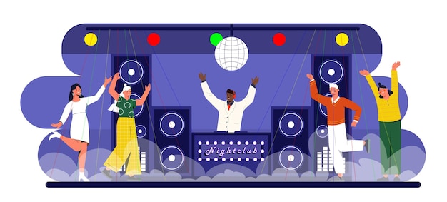 Mensen bij disco club concept Mannen en vrouwen dansen met disco bal DJ en disc jockey op vakantie en festival Dans en entertainment plezier Poster of banner Cartoon platte vector illustratie