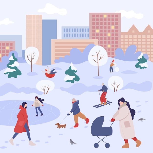 Mensen brengen in de winter tijd buiten door. mensen in warme kleren die winteractiviteiten doen. winteractiviteit in de stad met familie. illustratie