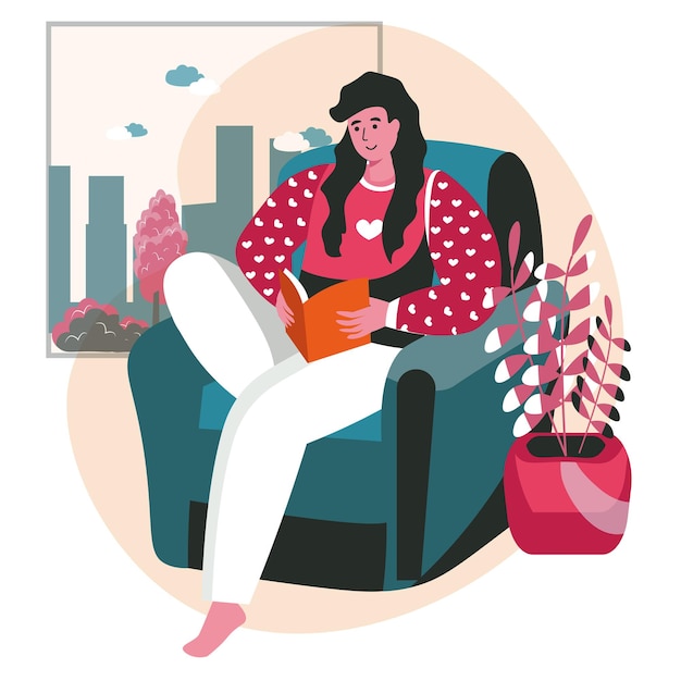 Mensen brengen weekend door in het concept van de thuisscène. Vrouw leest boek zittend in de stoel. Rusten in de woonkamer, hobby en vrije tijd, mensenactiviteiten. Vectorillustratie van karakters in plat ontwerp
