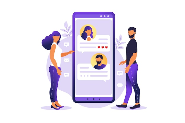 Mensen chatten in het smartphonescherm virtuele relatie vector illustratie concept Dating app of chat concept Vector illustratie voor online dating app gebruikers