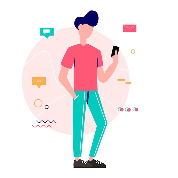 Mensen communiceren via sociale netwerken. jonge man met een smartphone. vector illustratie.