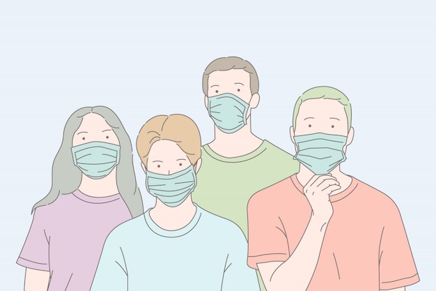 mensen die beschermende maskers dragen om coronavirus, conceptenillustratie te verhinderen