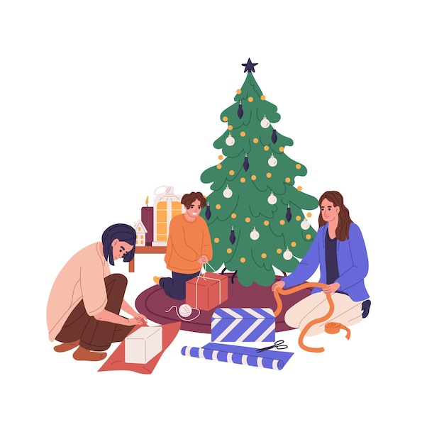 Mensen die de dozen van de gift van Kerstmis onder de kerstboom verpakken Volwassenen en jongenskind voorbereiding van Nieuwjaar presenteert met feestelijke papier en linten thuis platte vectorillustratie geïsoleerd op witte achtergrond